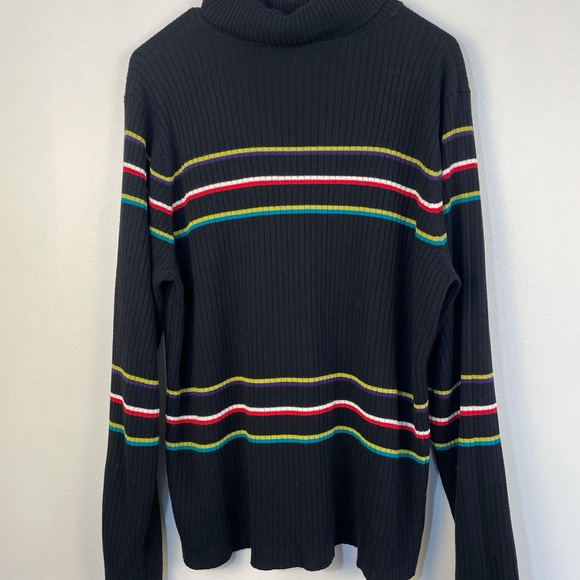 Women’s turtle neck stripe black sweater with pops of color rib knit size L - Picture 3 of 12